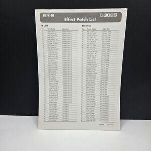 Boss BR-8 Effect Patch List Reference Guide Manual Sheet Digital Studio Recorder